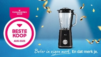 Zwarte blender van het merk Bluve naast een Consumentenbond Beste Koop augustus 2025 keurmerk met feestelijke confetti op een blauwe achtergrond.