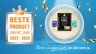 AH Excellent Forelsalade bekroond als Beste Product van het Jaar 2025-2026, met MSC- en ASC-keurmerk, op blauwe achtergrond met confetti.