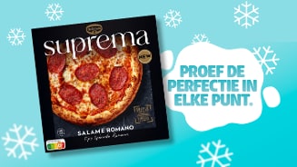 Dr. Oetker Suprema Salame Romano pizza verpakking met tekst "Proef de perfectie in elke punt" op een blauw achtergrond met sneeuwvlokken.