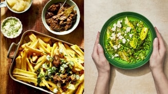 Linker afbeelding met frietjes en stoofvlees, rechter afbeelding met gezonde salade, vastgehouden door handen.