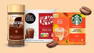 Nescafé Gold oploskoffie, Nescafé Dolce Gusto KitKat chocoladedrankcapsules en Starbucks Pumpkin Spice Latte capsules