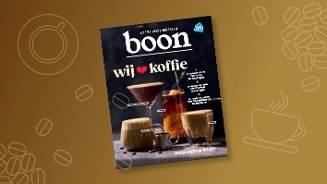 Voorpagina van het Albert Heijn magazine 'boon' met verschillende koffiebekers en de tekst 'wij houden van koffie'
