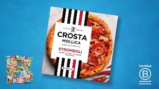 Crosta Mollica Stromboli pizza verpakking op een blauwe achtergrond, met aan de linkerkant een collage van producten en rechts het Certified B Corporation logo.