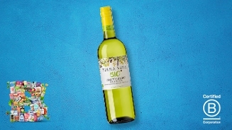 Fles Terra Viva Bio Pinot Grigio wijn op een blauwe achtergrond, met B Corporation certificeringslogo rechtsonder en een collage van diverse producten linksonder.
