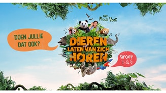 Poster van "Dieren laten van zich horen" met Freek Vonk, gericht op groep 5 & 6. Bevat een vraag "Doen jullie dat ook?" en diverse afgebeelde dieren.
