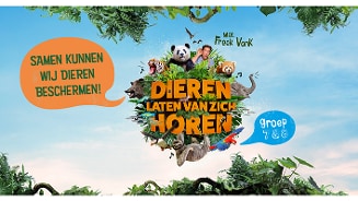 Promotie van "Dieren Laten Van Zich Horen" met Freek Vonk, gericht op groep 7 & 8, met de tekst "Samen kunnen wij dieren beschermen!" en dieren in de afbeelding.