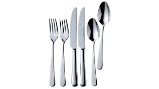 Vijfdelige bestekset van roestvrij staal bestaande uit vorken, messen en lepels.