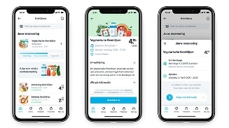 Apparaten schermen met Albert Heijn Overblijvers-app, waarin vegetarische maaltijdaanbiedingen worden getoond en gereserveerd kunnen worden.
