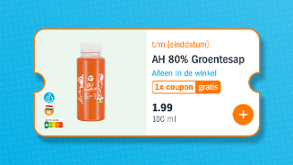 AH 80% Groentesap actiekaart met flesje groentesap, prijs €1,99 voor 100 ml, gratis coupon, alleen in de winkel verkrijgbaar, Nutri-Score A en keurmerk Nederland.
