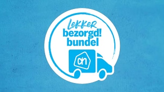 Rond logo met de tekst "Lekker bezorgd! bundel" en een afbeelding van een Albert Heijn bezorgauto op een blauwe achtergrond.