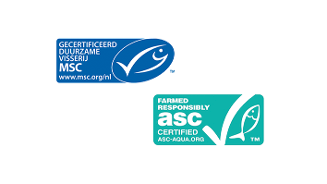Twee keurmerken voor duurzame vis: het MSC-keurmerk voor gecertificeerde duurzame visserij en het ASC-keurmerk voor verantwoord gekweekte vis.