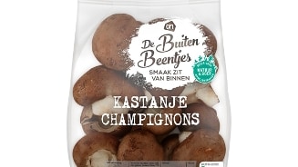 Voorverpakte kastanjechampignons van Albert Heijn's merk "De Buiten Beentjes", 300 gram.