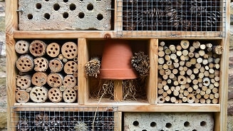 Insectenhotel gemaakt van houten stokken, grenenappels en een terracotta pot.