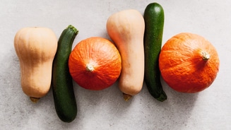 Pompoenen en courgettes op een lichtgrijze ondergrond.