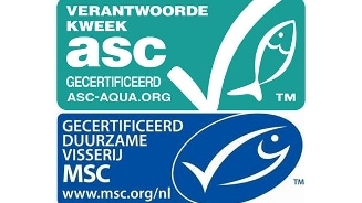ASC-gecertificeerd verantwoordelijke kweek en MSC-gecertificeerde duurzame visserij logo's.