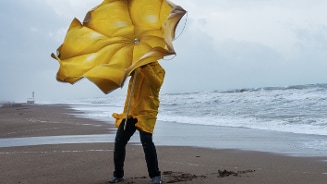 Een persoon in een gele regenjas worstelt met een omgekeerde gele paraplu op een winderig strand.