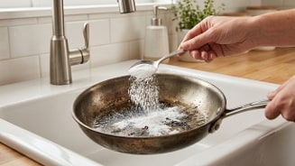 Een hand strooit een lepel zout in een aangekoekte koekenpan boven een gootsteen, als schoonmaaktip.