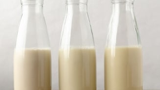 Drie flessen plantaardige melk op een houten tafel met hazelnoten, haver en sojabonen als ingrediënten.