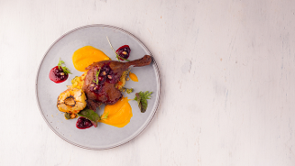 Gerecht met eendenbout, pompoenpuree en bietenpuree op een bord.