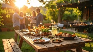 Zomerse barbecue in de tuin met diverse gerechten en drankjes op een houten tafel, terwijl vier mensen op de achtergrond proosten bij zonsondergang.