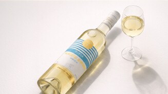 Fles Palacio del Almudin Rueda Verdejo witte wijn met een gevuld wijnglas ernaast op een lichte ondergrond.