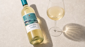 Fles witte wijn Cadis Garganega Pinot Grigio naast een gevuld wijnglas op een lichte ondergrond.