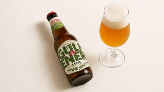 Fles Gulpener IPA bier naast een gevuld bierglas op een witte achtergrond