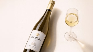 Fles Vilanova Vinho Verde witte wijn uit Portugal naast een gevuld wijnglas op een lichte ondergrond.