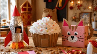 Zelfgemaakte surprises voor Sinterklaas, waaronder een raket, een grote cupcake en een roze kattenhoofd, gemaakt van karton en papier, omringd door kruidnoten en knutselmateriaal op een houten tafel.