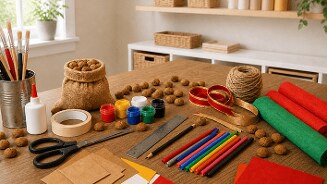 Knutseltafel met verschillende knutselmaterialen zoals kleurpotloden, verf, kwasten, lijm, schaar, liniaal, gekleurd papier, lint, touw, masking tape, walnoten en gekleurd vilt, klaar voor een creatieve knutselactiviteit.