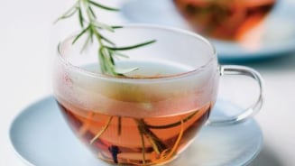 Glas thee met rozemarijn op een schoteltje