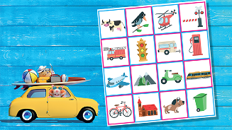 Geïllustreerde afbeelding van een gele auto volgeladen met vakantieartikelen, reed een kat en een bingokaart met reisgerelateerde iconen ernaast.