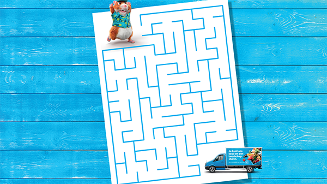 Doolhof met hamster en bezorgauto op blauwe achtergrond.