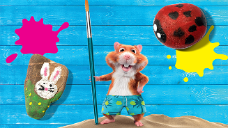 Hamster in een zwembroek met verfkwast, kleurrijke stenen en verfspatten op achtergrond.