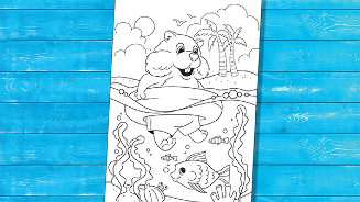 Kleurplaat met een lachende hamster op het strand, omgeven door zeeplanten, vissen en palmbomen.