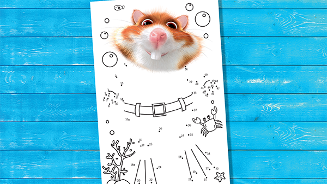 Spotprent van een cavia met een onderwater thema op een blauwe houten achtergrond, met een 'connect the dots' puzzel.