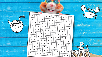 Hamster met zonnebril houdt een woordzoeker vast met zomers thema.