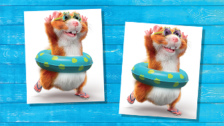 Hamster met zwemband en zonnebril op een blauwe houten achtergrond.