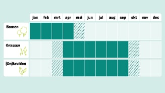 Overzicht van de bloeiperioden van bomen, grassen en (on)kruiden per maand, weergegeven in een schema met gekleurde vakjes voor de maanden waarin elk type bloeit.