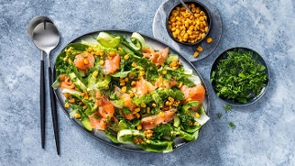 Salade met gerookte zalm, maïs en verse kruiden op grijze achtergrond.