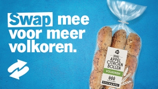 Promotie van AH Mini Appel Citroen Bollen Volkoren met tekst "Swap mee voor meer volkoren".