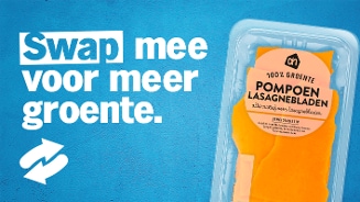 Promotie van AH pompoenlasagnebladen met de tekst: "Swap mee voor meer groente".