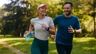 Twee mensen hardlopend in een groene parkachtige omgeving, waarvan één een waterfles vasthoudt