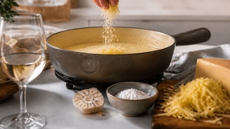 kaasfondue pan met knoflook en wijnglas ernaast.