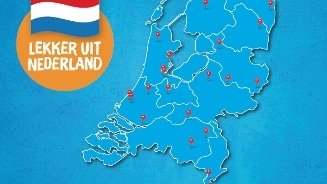 Kaart van Nederland met markeringen en de tekst "Lekker uit Nederland" naast een Nederlandse vlag.