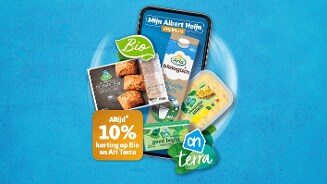 Promotie voor 10% korting op biologische producten en AH Terra bij Albert Heijn met Arla biologische melk, AH Biologisch licht gezouten roomboter en AH Biologisch pompoenbroodjes.