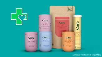 Voedingssupplementen van Care met varianten zoals foliumzuur & vitamine D3, vitamine D3 50 µg, en vitamine C 1000 mg.
