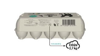 Eierverpakking met CO2e-uitstoot van 2,7 kg aangegeven op de doos