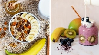 Ontbijt met muesli, noten en banaan naast smoothie met kiwi en bosbessen.