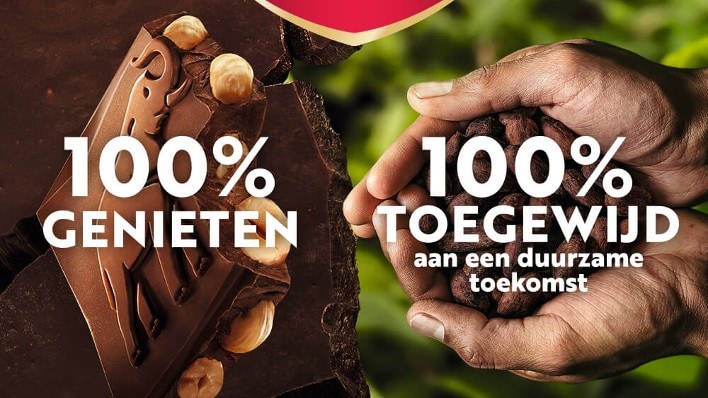 Côte d'Or chocoladereep met hazelnoten en duurzame cacaobonen, logo "Cocoa Life" en teksten "100% Genieten" en "100% Toegewijd aan een duurzame toekomst".